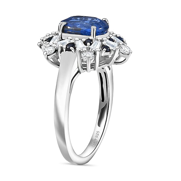 D'Joy Premium Kashmir Kyanite And Multi Gemstone 3.20 Ctw Supernova Bloom Ring In Rhodium Over Sterling Silver