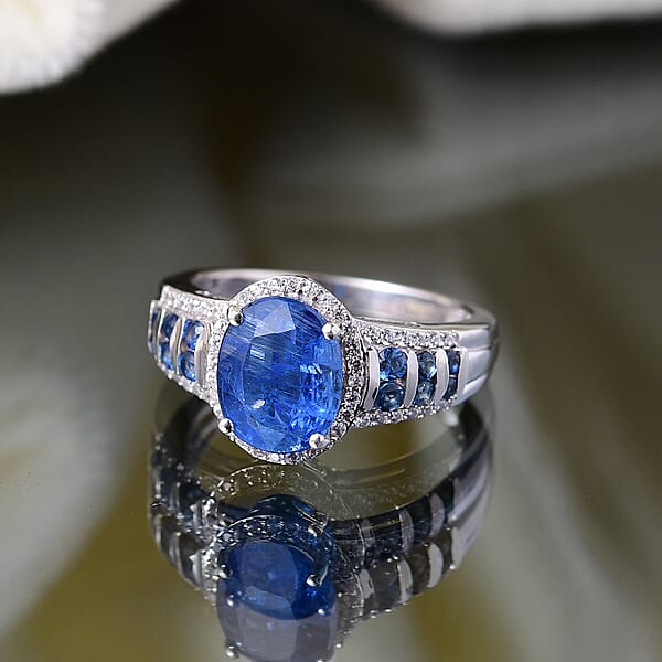 D'Joy Premium Kashmir Kyanite And Multi Gemstone 4.30 Ctw Celestial Harmony Ring In Rhodium Over Sterling Silver
