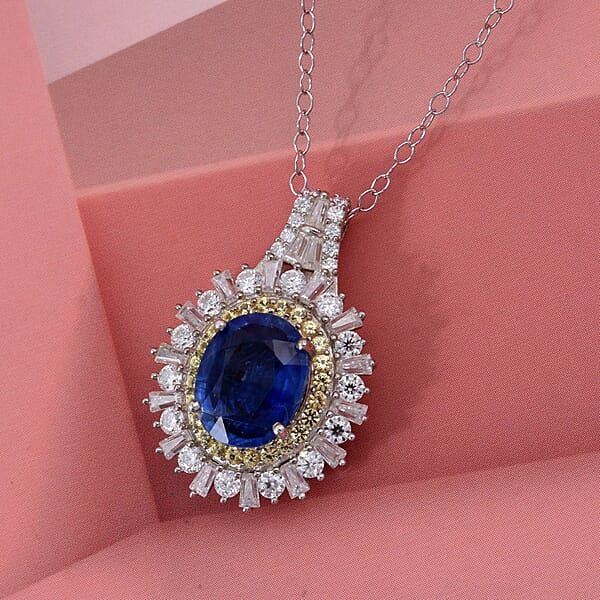D'Joy Premium Kashmir Kyanite And Multi Gemstone 4.80 Ctw Royal Halo Pendant Necklace In Rhodium Over Sterling Silver 20 Inches
