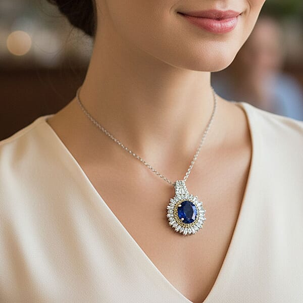D'Joy Premium Kashmir Kyanite And Multi Gemstone 4.80 Ctw Royal Halo Pendant Necklace In Rhodium Over Sterling Silver 20 Inches