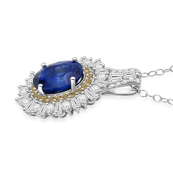D'Joy Premium Kashmir Kyanite And Multi Gemstone 4.80 Ctw Royal Halo Pendant Necklace In Rhodium Over Sterling Silver 20 Inches