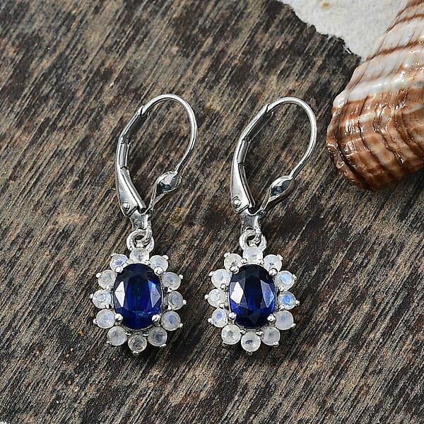 D'Joy Premium Kashmir Kyanite And Rainbow Moonstone 3.00 Ctw Moonlit Halo Earrings In Rhodium Over Sterling Silver