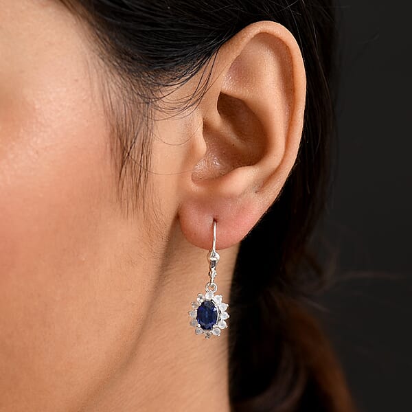 D'Joy Premium Kashmir Kyanite And Rainbow Moonstone 3.00 Ctw Moonlit Halo Earrings In Rhodium Over Sterling Silver