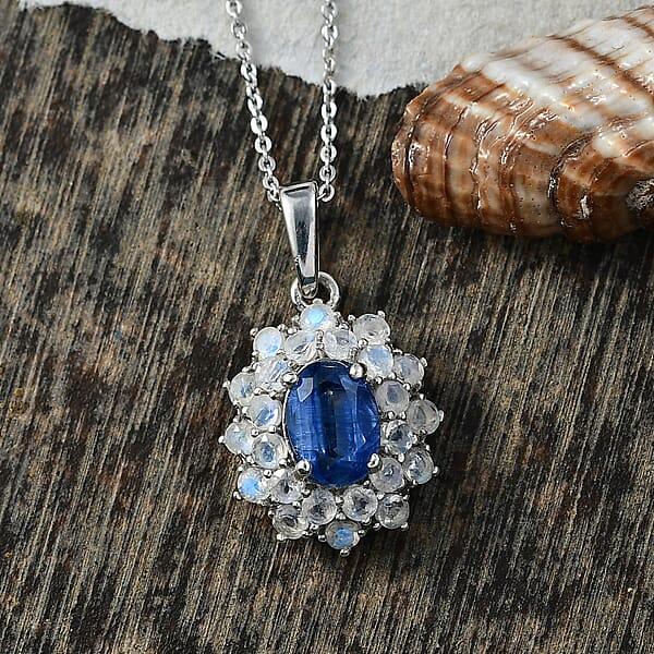 D'Joy Premium Kashmir Kyanite And Rainbow Moonstone 2.75 Ctw Moonlit Halo Pendant Necklace In Rhodium Over Sterling Silver 20 Inches