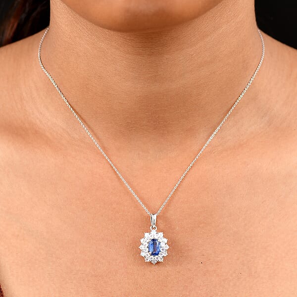 D'Joy Premium Kashmir Kyanite And Rainbow Moonstone 2.75 Ctw Moonlit Halo Pendant Necklace In Rhodium Over Sterling Silver 20 Inches