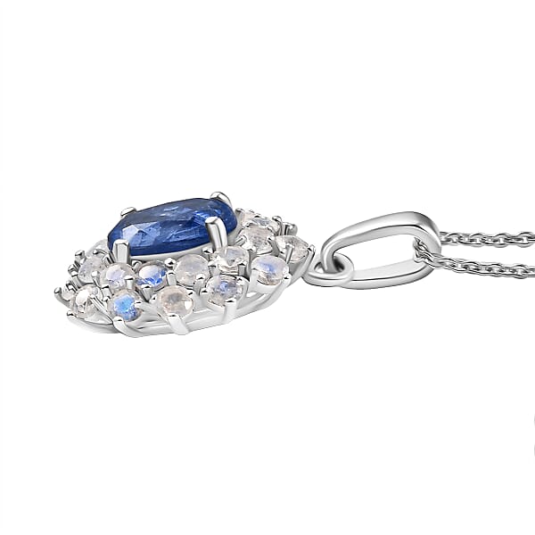 D'Joy Premium Kashmir Kyanite And Rainbow Moonstone 2.75 Ctw Moonlit Halo Pendant Necklace In Rhodium Over Sterling Silver 20 Inches