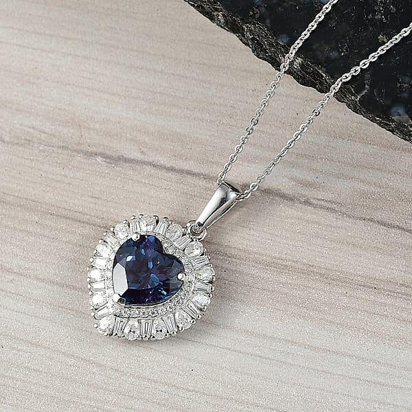 D'Joy Premium Lab Grown Alexandrite And Moissanite 5.85 Ctw Twilight Heart Pendant Necklace In Rhodium Over Sterling Silver 20 Inches