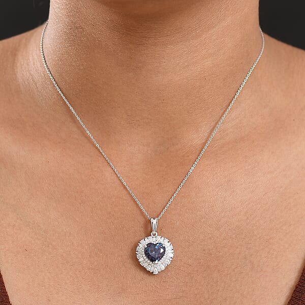 D'Joy Premium Lab Grown Alexandrite And Moissanite 5.85 Ctw Twilight Heart Pendant Necklace In Rhodium Over Sterling Silver 20 Inches