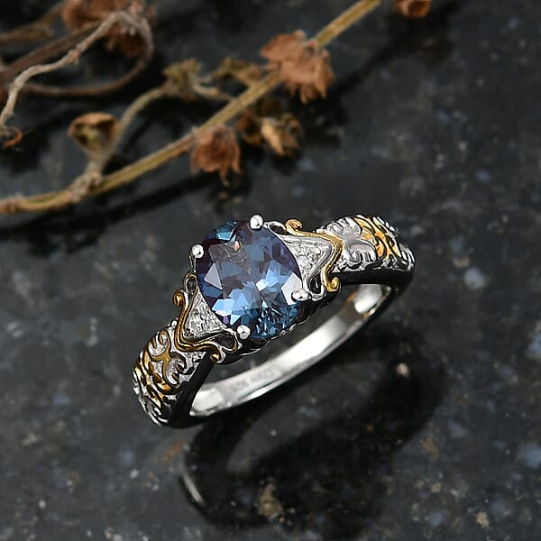 D'Joy Premium Lab Grown Alexandrite And Moissanite 2.50 Ctw Eternal Heirloom Ring In 18K Vermeil YG And Rhodium Over Sterling Silver