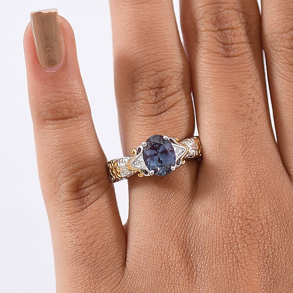 D'Joy Premium Lab Grown Alexandrite And Moissanite 2.50 Ctw Eternal Heirloom Ring In 18K Vermeil YG And Rhodium Over Sterling Silver