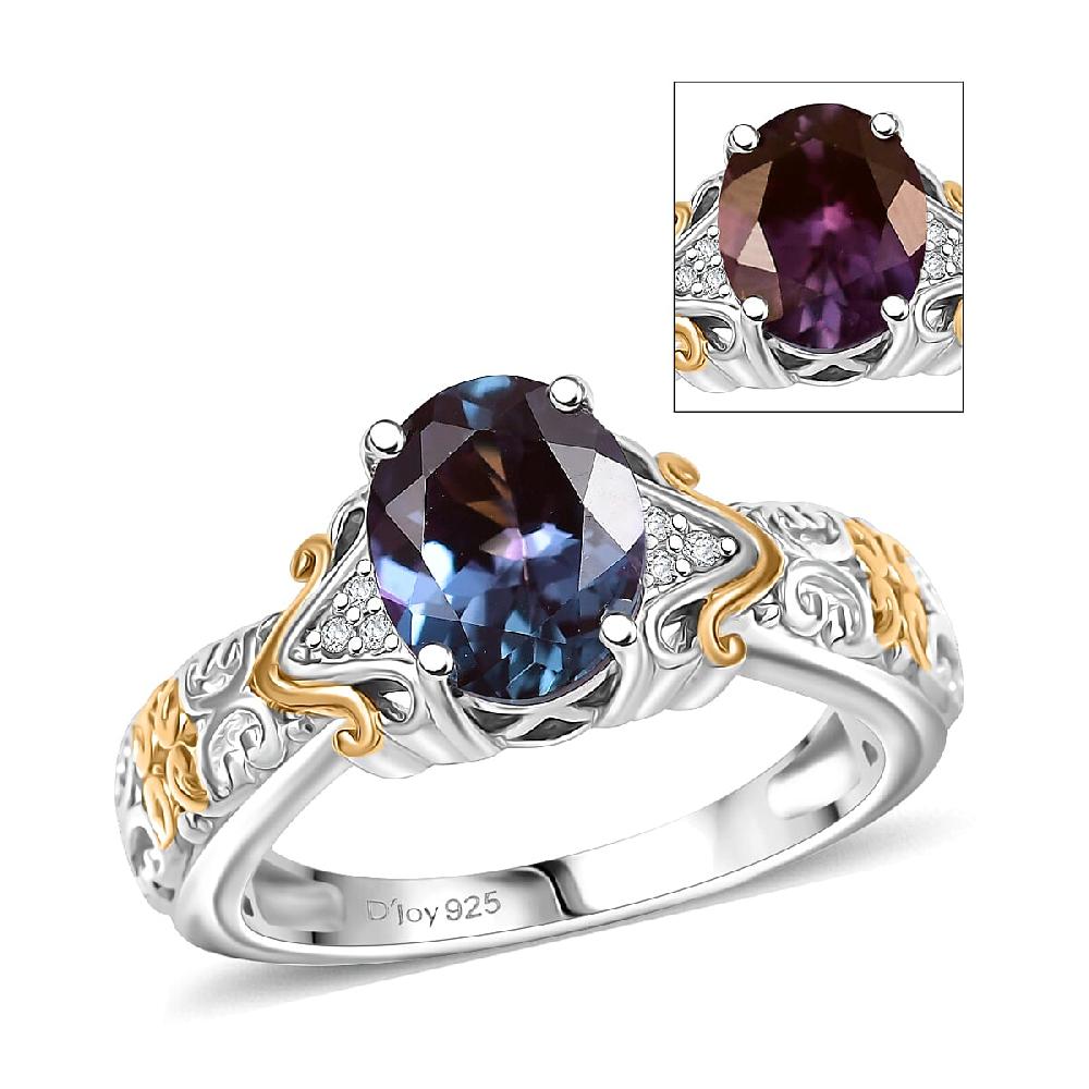 D'Joy Premium Lab Grown Alexandrite and Moissanite 2.50 ctw Eternal Heirloom Ring in 18K Vermeil YG and Rhodium Over Sterling Silver