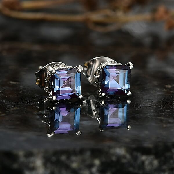 D'Joy Premium Lab Grown Alexandrite And Moissanite 1.80 Ctw Art Deco Earrings In Rhodium Over Sterling Silver