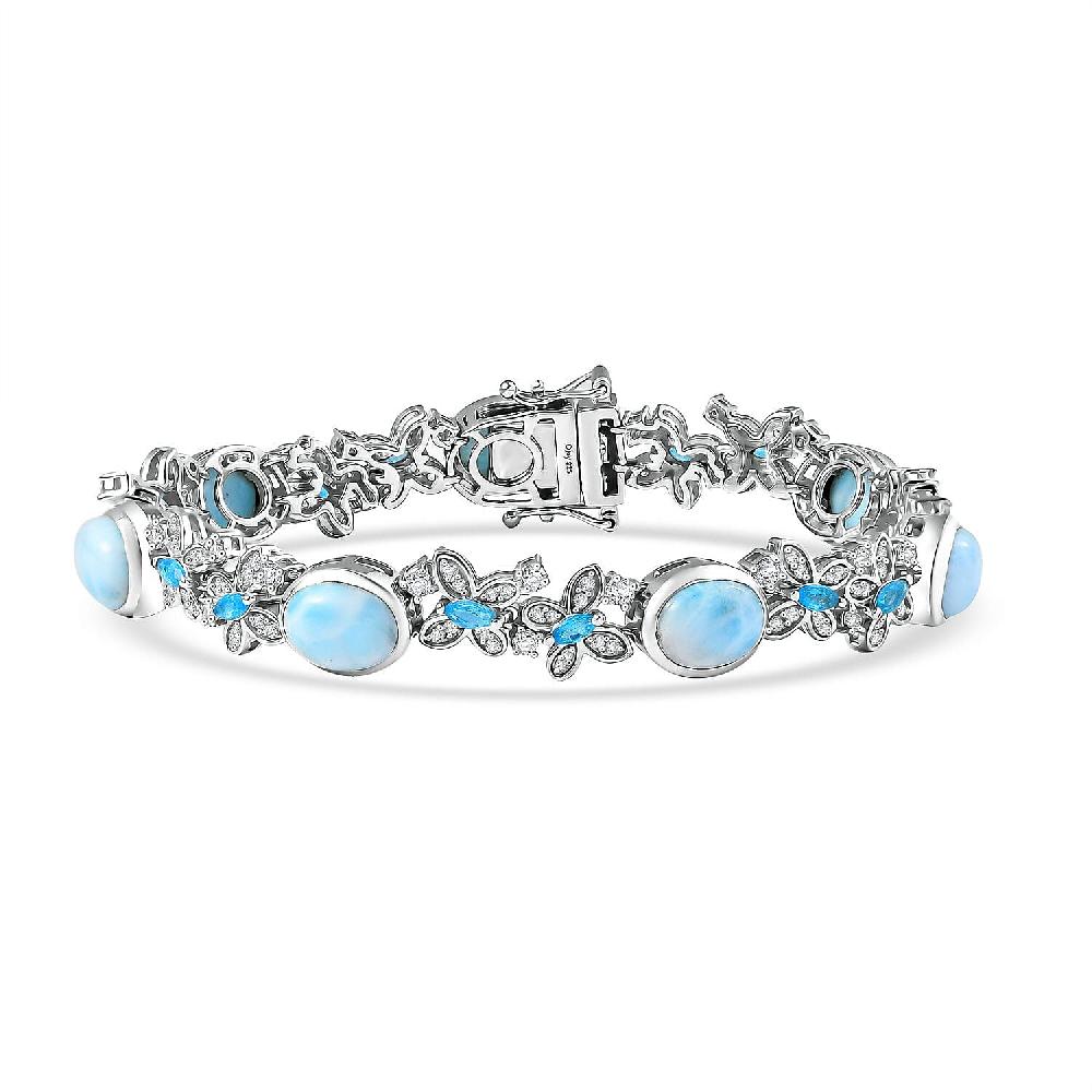 D'Joy Premium Larimar and Multi Gemstone 20.15 ctw Wings of The Sea Bracelet in Rhodium Over Sterling Silver (8.00 In)