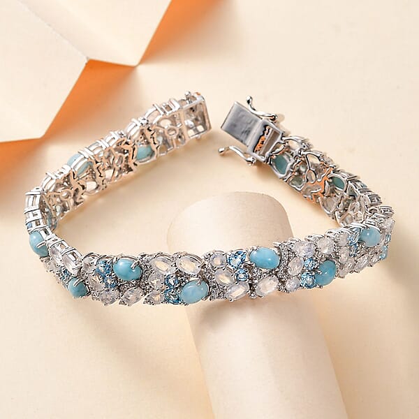 D'Joy Premium Larimar And Multi Gemstone 23.10 Ctw River Rocks Carpet Bracelet In Rhodium Over Sterling Silver (7.25 In)