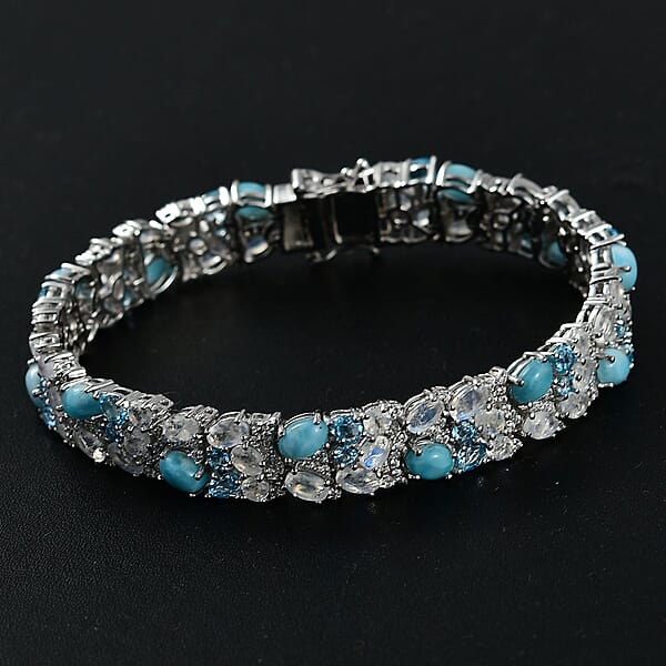 D'Joy Premium Larimar And Multi Gemstone 23.10 Ctw River Rocks Carpet Bracelet In Rhodium Over Sterling Silver (7.25 In)