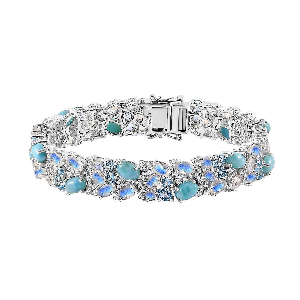 D'Joy Premium Larimar and Multi Gemstone 23.10 ctw River Rocks Carpet Bracelet in Rhodium Over Sterling Silver (7.25 In)