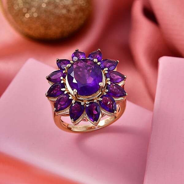 D'Joy Premium Lusaka Amethyst 8.90 Ctw Bloom Ring In 18K Vermeil Yellow Gold Over Sterling Silver