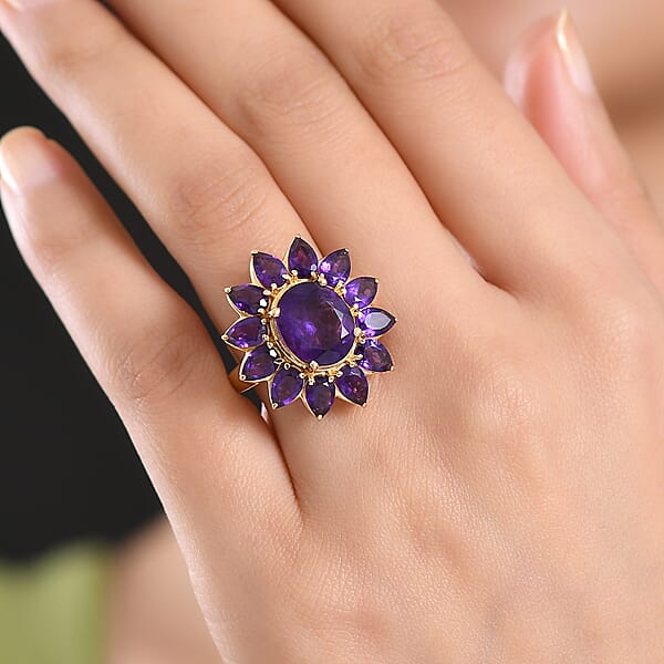 D'Joy Premium Lusaka Amethyst 8.90 Ctw Bloom Ring In 18K Vermeil Yellow Gold Over Sterling Silver