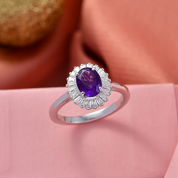 D'Joy Premium Lusaka Amethyst And Moissanite 1.60 Ctw Sunray Bloom Ring In Rhodium Over Sterling Silver