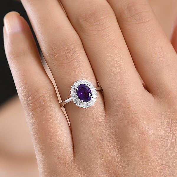 D'Joy Premium Lusaka Amethyst And Moissanite 1.60 Ctw Sunray Bloom Ring In Rhodium Over Sterling Silver