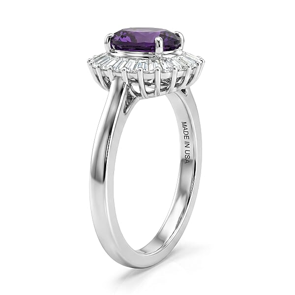 D'Joy Premium Lusaka Amethyst And Moissanite 1.60 Ctw Sunray Bloom Ring In Rhodium Over Sterling Silver