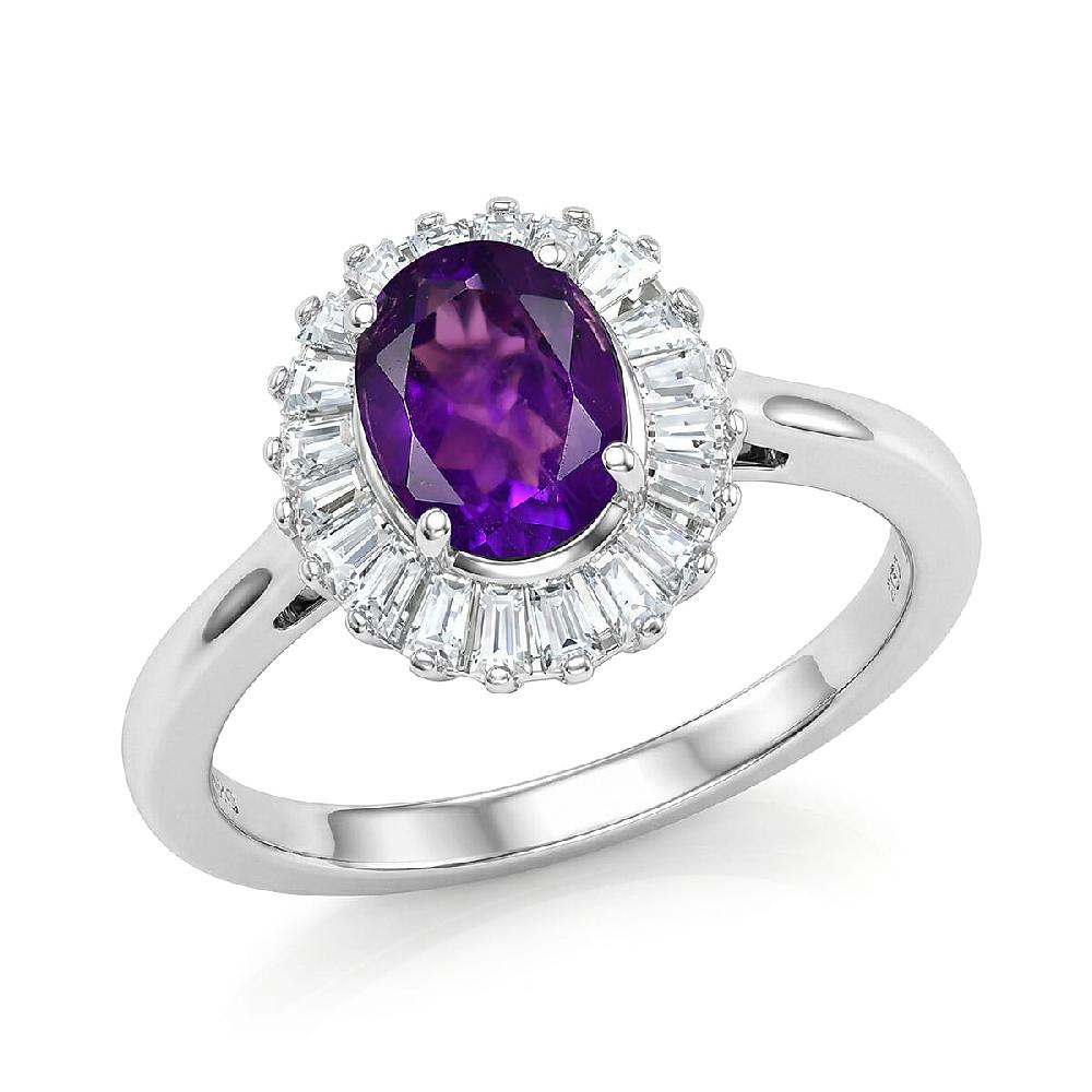 D'Joy Premium Lusaka Amethyst and Moissanite 1.60 ctw Sunray Bloom Ring in Rhodium Over Sterling Silver