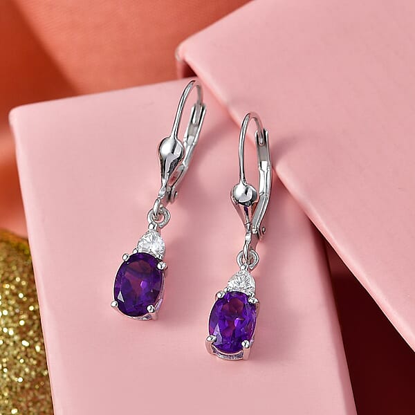 D'Joy Premium Lusaka Amethyst And Moissanite 1.65 Ctw Heart Accent Earrings In Rhodium Over Sterling Silver