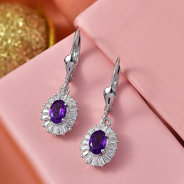 D'Joy Premium Lusaka Amethyst And Moissanite 1.65 Ctw Sunray Bloom Earrings In Rhodium Over Sterling Silver