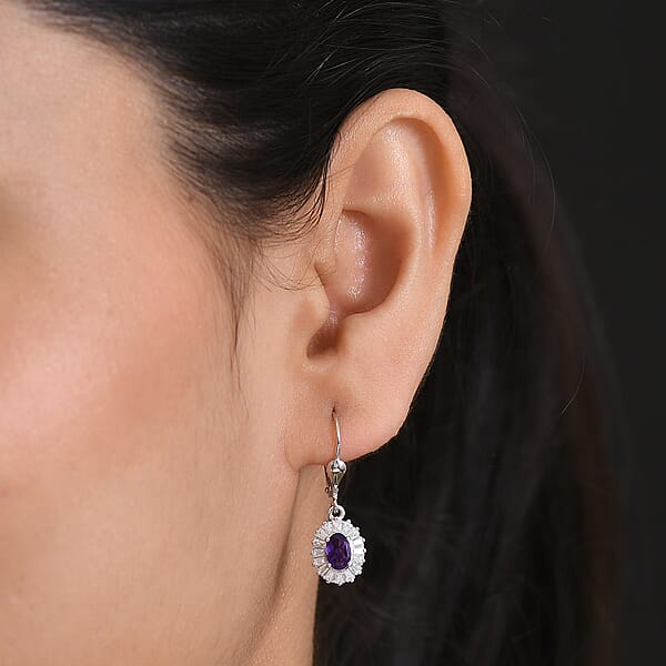 D'Joy Premium Lusaka Amethyst And Moissanite 1.65 Ctw Sunray Bloom Earrings In Rhodium Over Sterling Silver