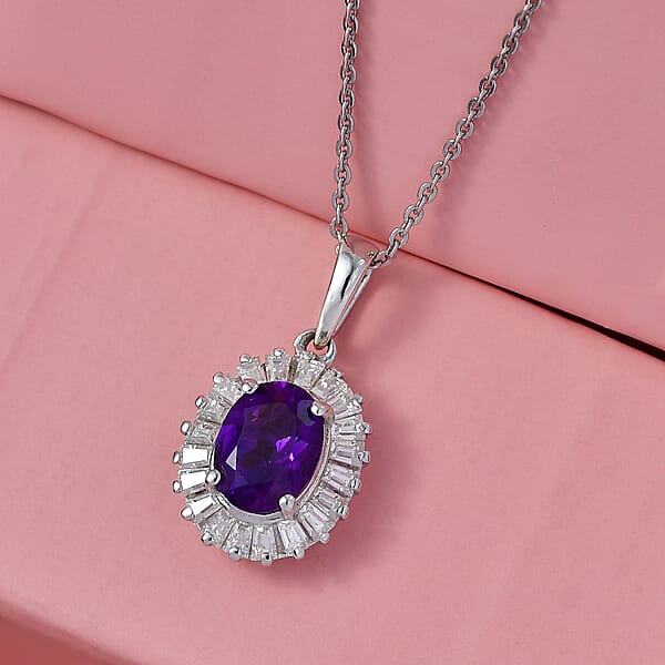 D'Joy Premium Lusaka Amethyst And Moissanite 1.65 Ctw Sunray Bloom Pendant Necklace In Rhodium Over Sterling Silver 20 Inches