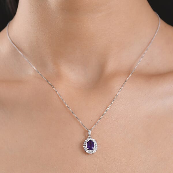 D'Joy Premium Lusaka Amethyst And Moissanite 1.65 Ctw Sunray Bloom Pendant Necklace In Rhodium Over Sterling Silver 20 Inches