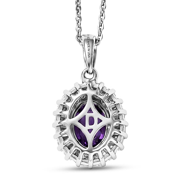 D'Joy Premium Lusaka Amethyst And Moissanite 1.65 Ctw Sunray Bloom Pendant Necklace In Rhodium Over Sterling Silver 20 Inches