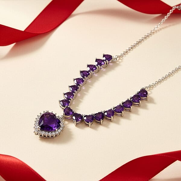 D'Joy Premium Lusaka Amethyst And Moissanite 13.00 Ctw Bloom Cascade Necklace In Rhodium Over Sterling Silver 18-20 Inches