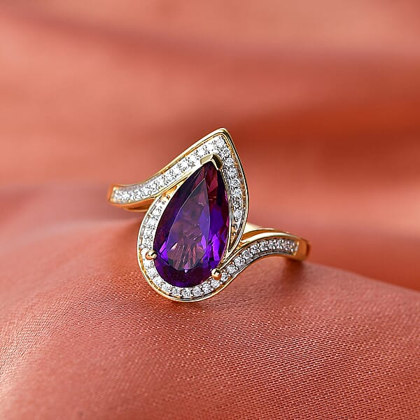 D'Joy Premium Lusaka Amethyst And Moissanite 2.50 Ctw Oceanic Wave Ring In 18K Vermeil Yellow Gold Over Sterling Silver