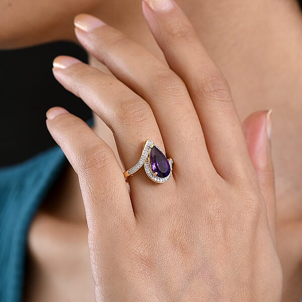 D'Joy Premium Lusaka Amethyst And Moissanite 2.50 Ctw Oceanic Wave Ring In 18K Vermeil Yellow Gold Over Sterling Silver