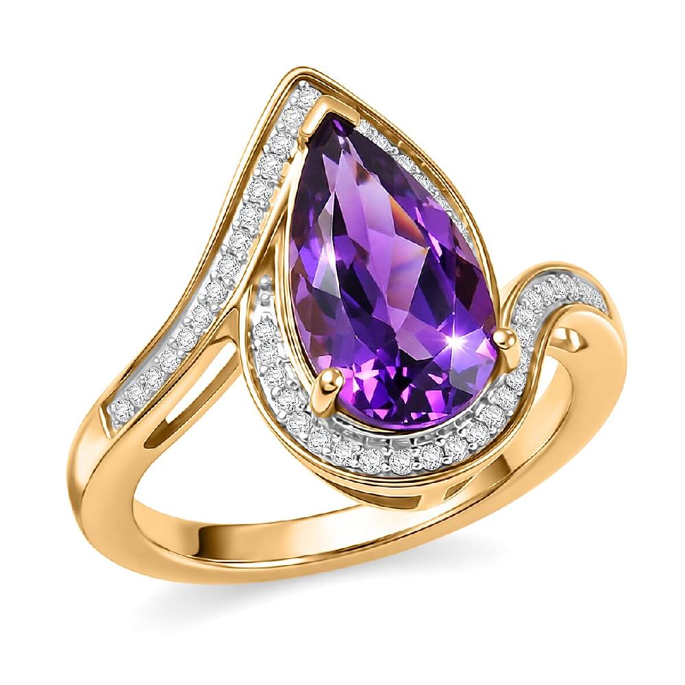 D'Joy Premium Lusaka Amethyst and Moissanite 2.50 ctw Oceanic Wave Ring in 18K Vermeil Yellow Gold Over Sterling Silver