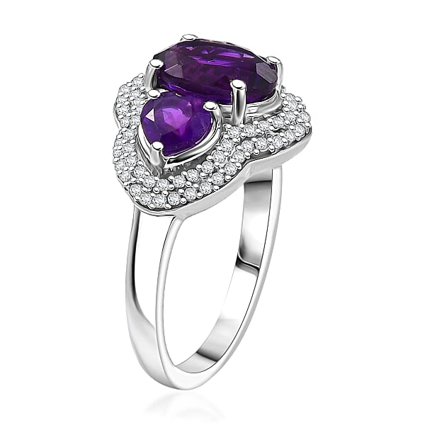 D'Joy Premium Lusaka Amethyst And Moissanite 3.00 Ctw Trilogy Ring In Rhodium Over Sterling Silver