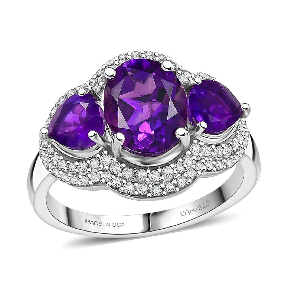 D'Joy Premium Lusaka Amethyst and Moissanite 3.00 ctw Trilogy Ring in Rhodium Over Sterling Silver