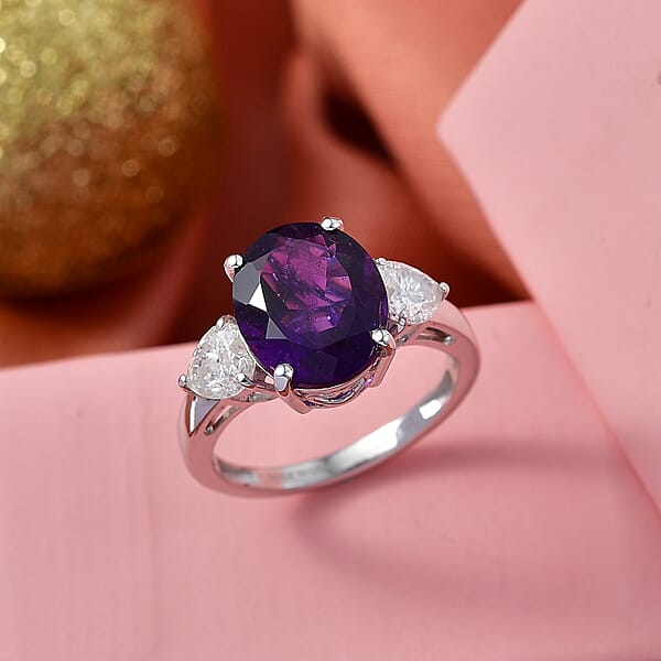 D'Joy Premium Lusaka Amethyst And Moissanite 5.15 Ctw Heart Accent Ring In Rhodium Over Sterling Silver