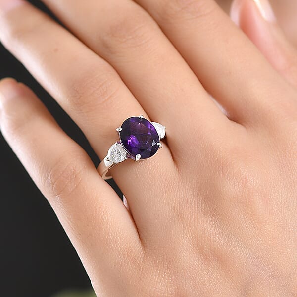 D'Joy Premium Lusaka Amethyst And Moissanite 5.15 Ctw Heart Accent Ring In Rhodium Over Sterling Silver
