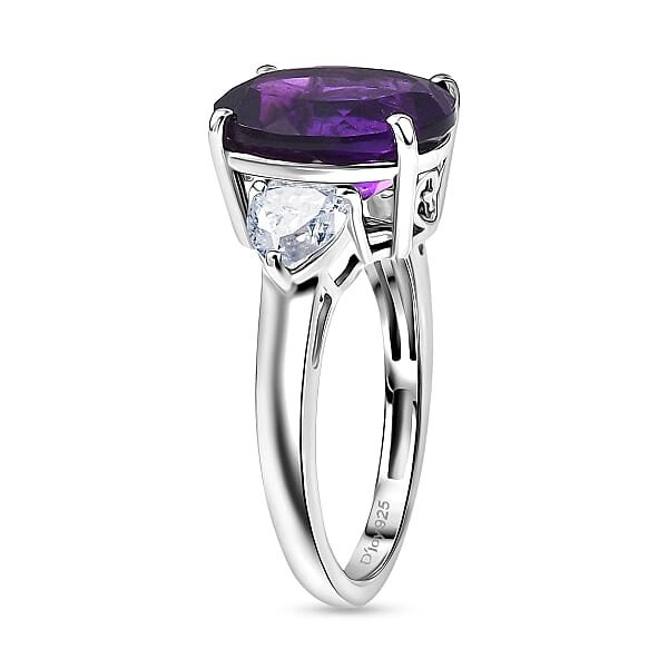 D'Joy Premium Lusaka Amethyst And Moissanite 5.15 Ctw Heart Accent Ring In Rhodium Over Sterling Silver