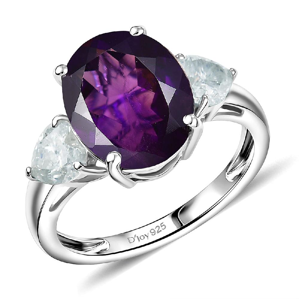 D'Joy Premium Lusaka Amethyst and Moissanite 5.15 ctw Heart Accent Ring in Rhodium Over Sterling Silver