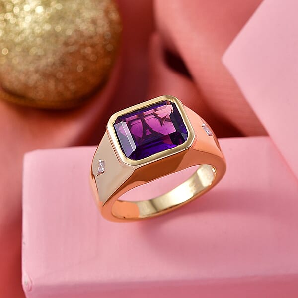 D'Joy Premium Lusaka Amethyst And Moissanite 6.00 Ctw Men's Ring In 18K Vermeil Yellow Gold Over Sterling Silver