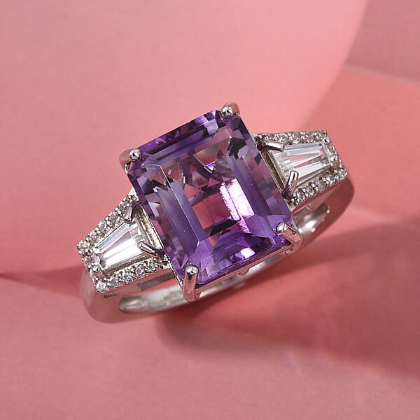 D'Joy Premium Lusaka Amethyst And Moissanite 6.60 Ctw Signature Ring In Rhodium Over Sterling Silver
