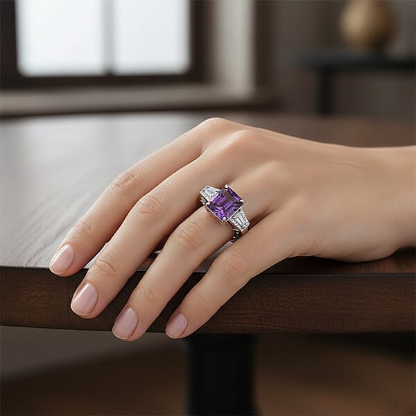 D'Joy Premium Lusaka Amethyst And Moissanite 6.60 Ctw Signature Ring In Rhodium Over Sterling Silver