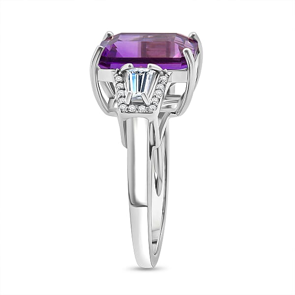 D'Joy Premium Lusaka Amethyst And Moissanite 6.60 Ctw Signature Ring In Rhodium Over Sterling Silver