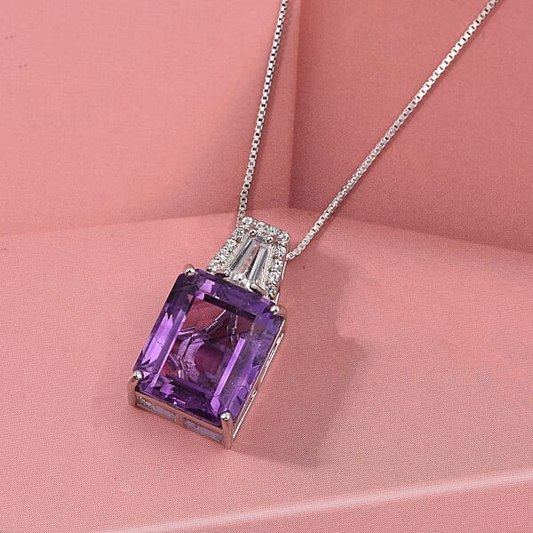D'Joy Premium Lusaka Amethyst And Moissanite 6.60 Ctw Signature Pendant Necklace In Rhodium Over Sterling Silver 20 Inches