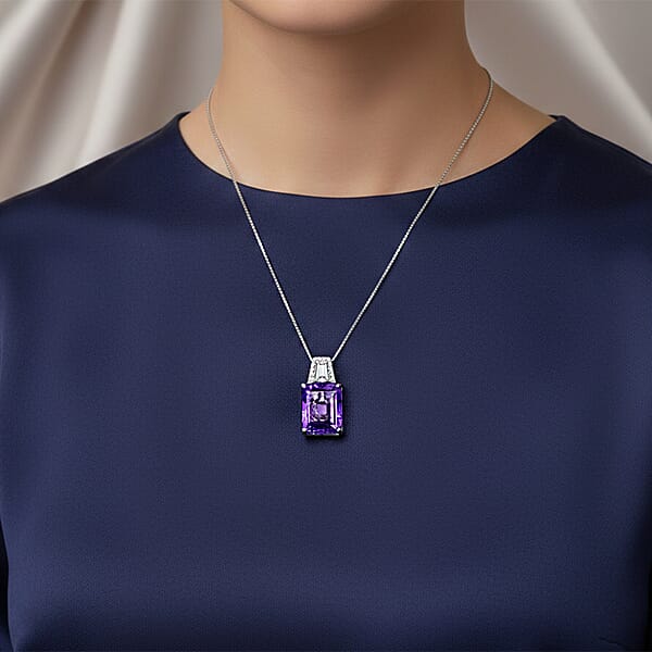 D'Joy Premium Lusaka Amethyst And Moissanite 6.60 Ctw Signature Pendant Necklace In Rhodium Over Sterling Silver 20 Inches