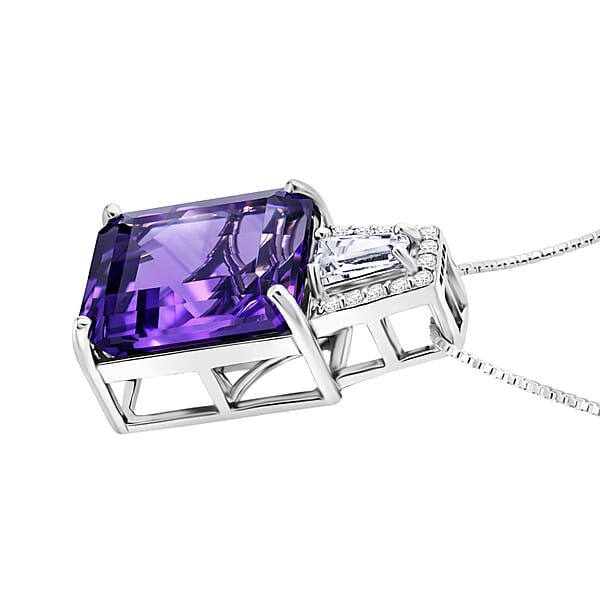 D'Joy Premium Lusaka Amethyst And Moissanite 6.60 Ctw Signature Pendant Necklace In Rhodium Over Sterling Silver 20 Inches