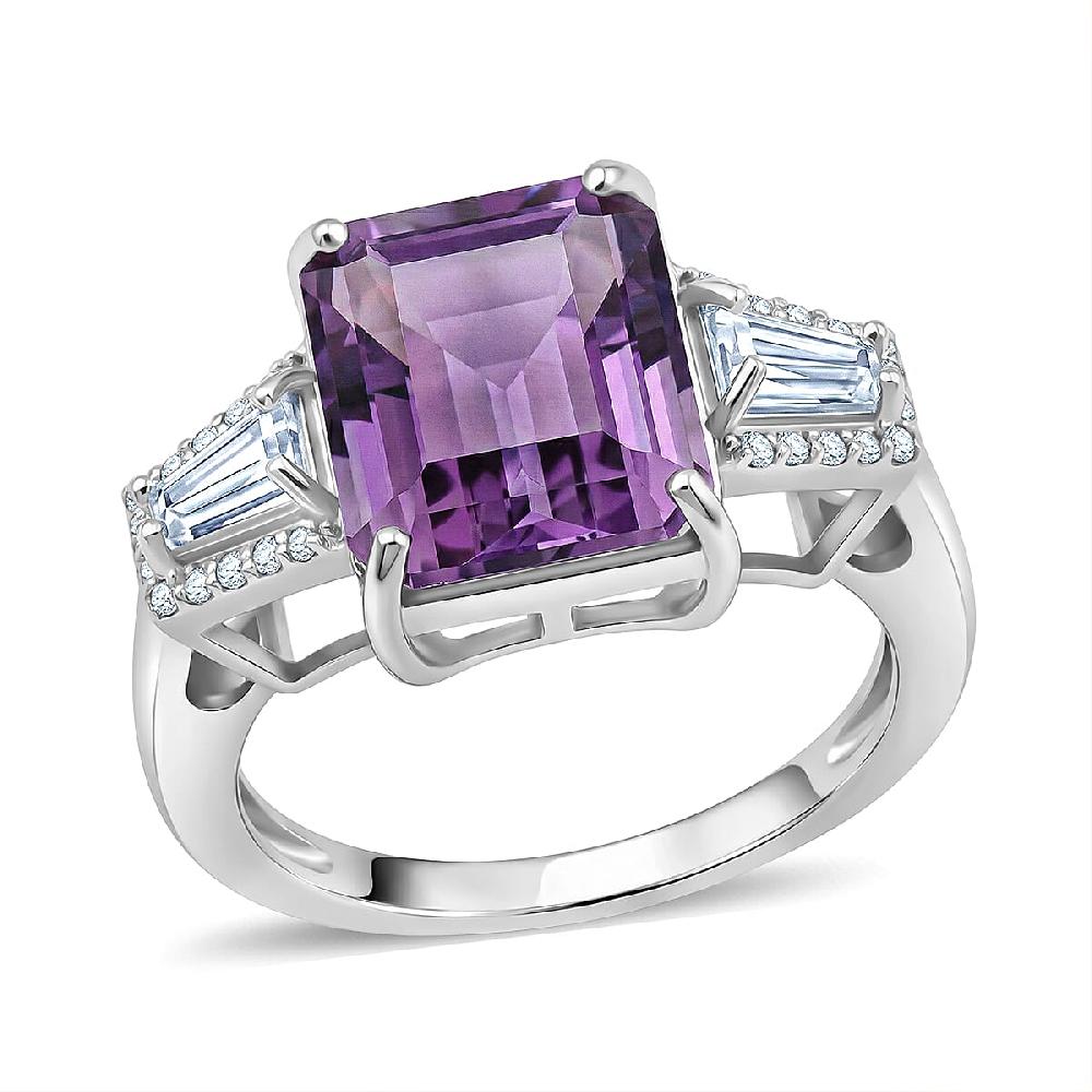 D'Joy Premium Lusaka Amethyst and Moissanite 6.60 ctw Signature Ring in Rhodium Over Sterling Silver